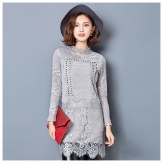 Jiuni Long-Sleeve Perforated Lace Dress