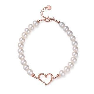 MBLife.com Left Right Accessory - 925 Sterling Silver Heart Fresh Water Pearl Bracelet (6.5