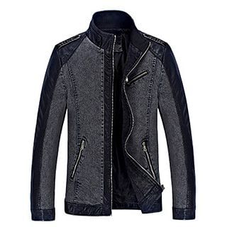 Evzen Faux Leather Panel Zip Denim Jacket