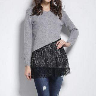 ISOL V-Neck Lace-Panel Knit Top