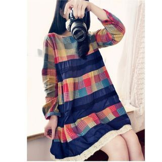 Sienne Plaid Panel Long-Sleeve Dress