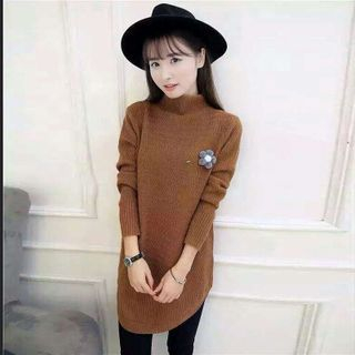Ranche Mock Neck Long Sweater with Floral Pin