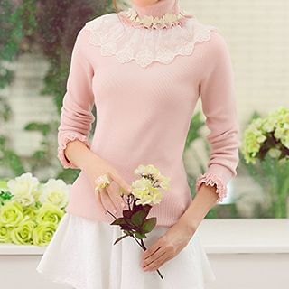 Emeline Lace Stand Collar Knit Pullover