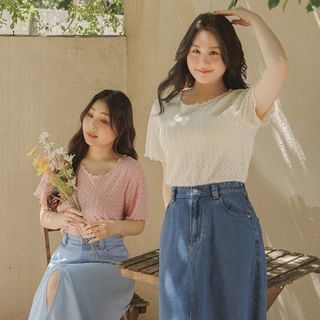 [L -4XL] Short Sleeve Ruffled-Trim Plain Patterned Loose-Fit Top