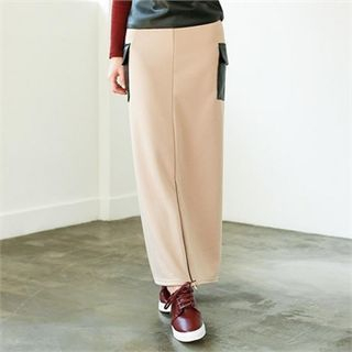 GLAM12 Color-Block Faux-Leather Trim Long Skirt