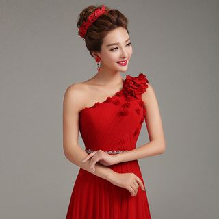 Loree One-Shoulder Rosette Evening Gown