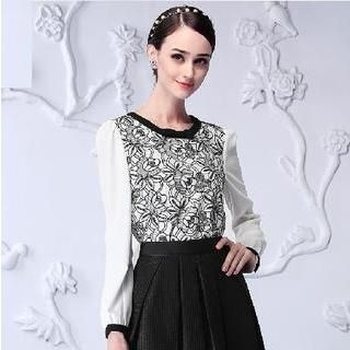 Sentubila Long-Sleeve Floral Embroidered Chiffon Top