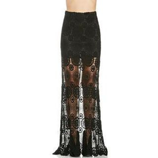 Richcoco Lace Panel Slit-Back Long Skirt