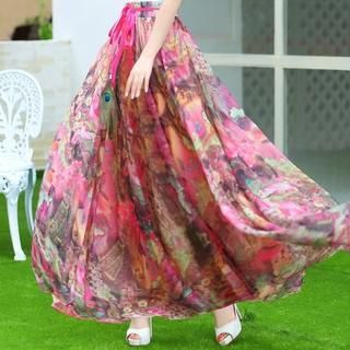 Sayumi Floral Print Chiffon Long Skirt