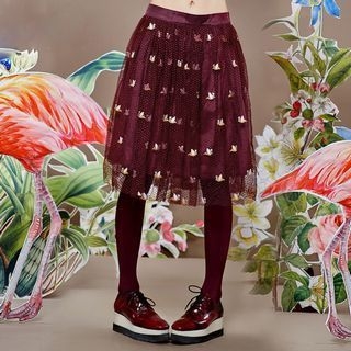 ELF SACK Embroidered Mesh Overlay Midi Skirt