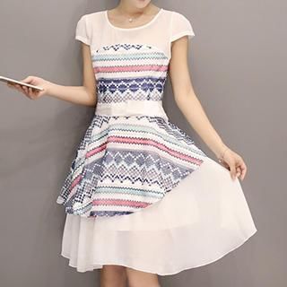 Romantica Short-Sleeve Patterned-Overlay Dress