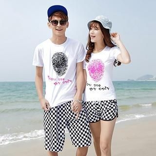 Lovebirds Set: Short-Sleeve Printed Couple T-Shirt + Printed Couple Shorts