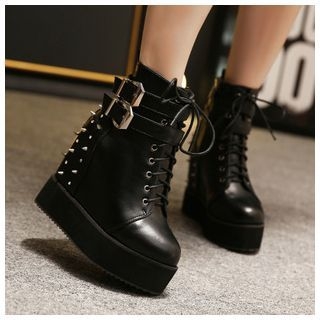 Anran Studded Buckled Lace Up Boots