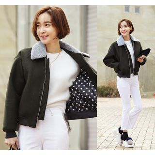 ssongbyssong Fleece-Collar Wool Blend Zip-Up Jacket