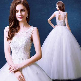Angel Bridal Sleeveless Rhinestone Cutout Ball Gown Wedding Dress