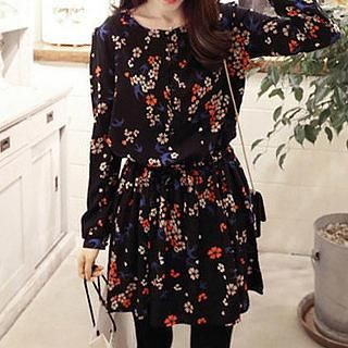 Dowisi Long-Sleeved Floral Print A-Line Dress