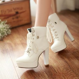 Shoes Galore Faux Leather Platform Lace Up Heeled Boots