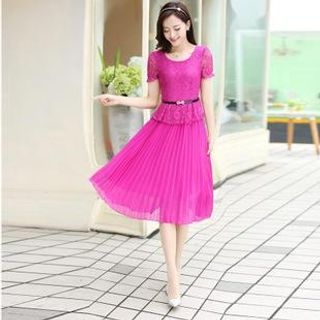 AiSun Pleated-Hem Slim-Fit Lace Chiffon Dress