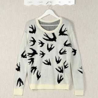 YesStyle Z Swallow-Print Sweater White - One Size