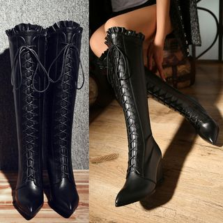 JY Shoes Wedge Lace Up Tall Boots