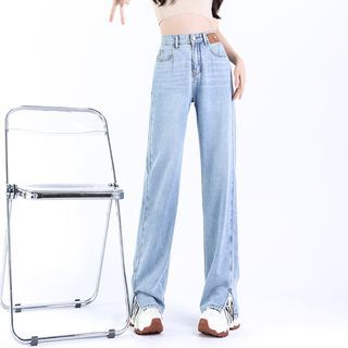 High Rise Washed Slit Straight Leg Jeans (Various Designs)