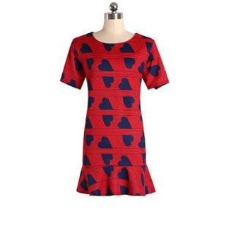 SUYISODA Short-Sleeve Heart Print A-Line Dress