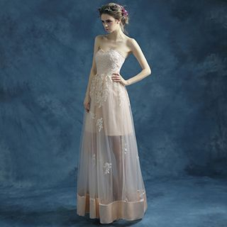 Angel Bridal Lace-Panel Mesh Evening Gown