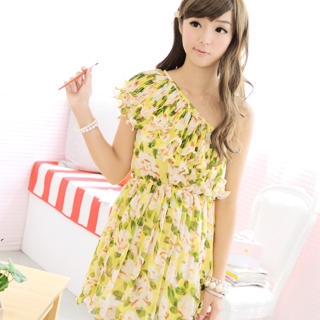 One-Shoulder Pleated Dress Yellow - One Size