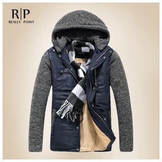 Really Point Print Back Knit Panel Hooded Padded Jacket