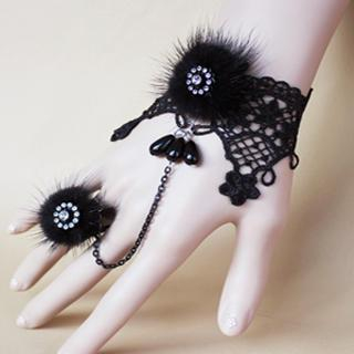 Fit-to-Kill Fur Lace Shinny Bracelet & Ring Set  Black - One Size