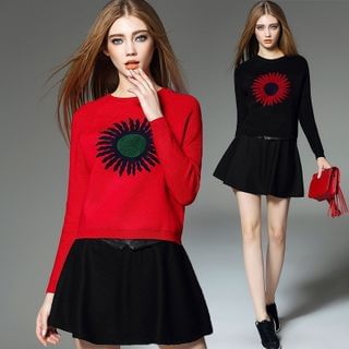 Y:Q Set: Sun-Print Raglan-Sleeved Knit Sweater + A-Line Skirt