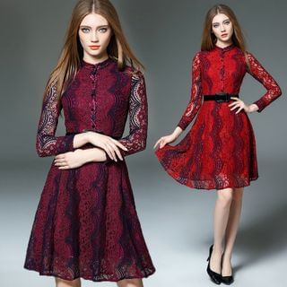 Y:Q Long-Sleeved Lace A-Line Dress with Belt