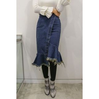 PPGIRL Fringed-Detail Wrap-Front Denim Skirt