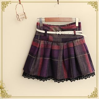 Fairyland Lace Trim Plaid Pleated Skirt
