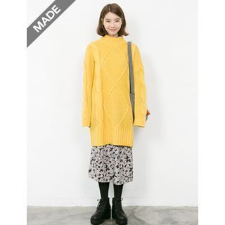 FROMBEGINNING Mock-Neck Cable-Knit Long Sweater