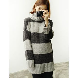 FROMBEGINNING Turtle-Neck Striped Wool Blend Knit Top