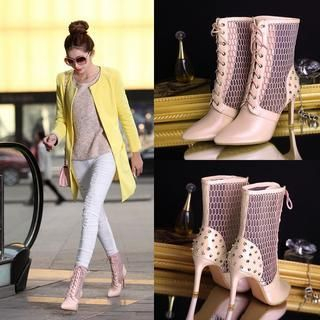 Shoes Galore Studded Mesh Heeled Short Boots