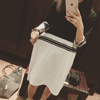 Clair Fashion Two-tone Contrast Elbow-Sleeve Knit Dress