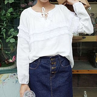 Dute Fringed Trim Tie-Neck Blouse