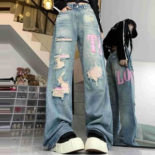 Mid Rise Lettering Applique Washed Distressed Wide Leg Jeans