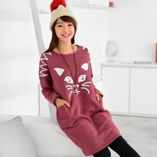 59 Seconds Long-Sleeve Cat Pattern Pullover Dress