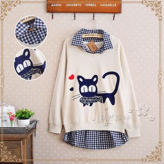 YR Fashion Cat Mock Two Piece Pullover
