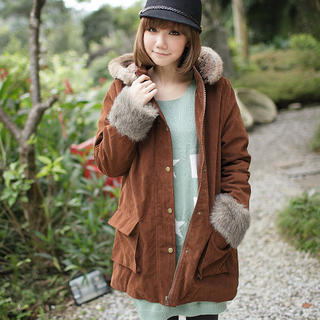 Faux-Fur-Trim Hooded Coat
