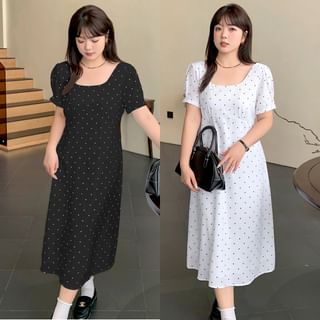 Plus Size Short-Sleeve Scoop Neck Dotted Midi Sundress