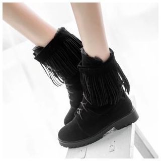 BAYO Faux Suede Fringed Lace Up Mid-calf Boots