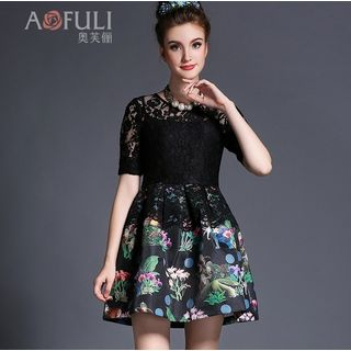 Ovette Short-Sleeve Floral Lace Panel A-Line Dress