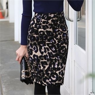 ode' High-Waist Leopard Pattern Pencil Skirt