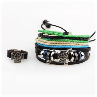 KINNO Set of 3: Cross Ring + Genuine Leather Beaded Bracelet