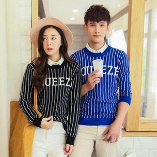 Simpair Couples Letters Printed Long-Sleeved Striped Hedging Sweater