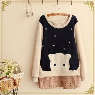 Fairyland Embroidered Cat Mock Two-piece Pullover